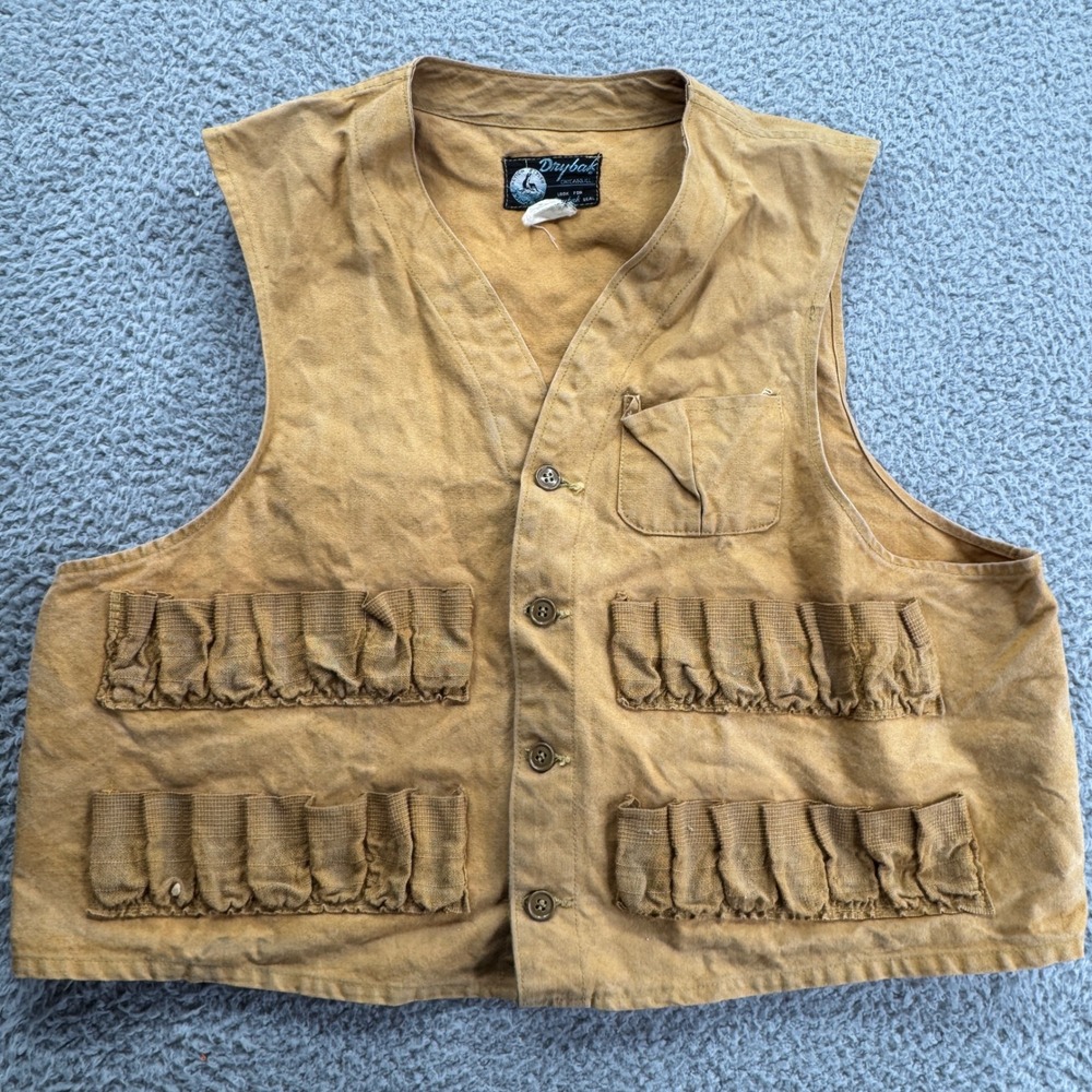 Vintage Drybak Mens Tan Canvas Fishing Hunting Game Vest Pockets Shooting Medium